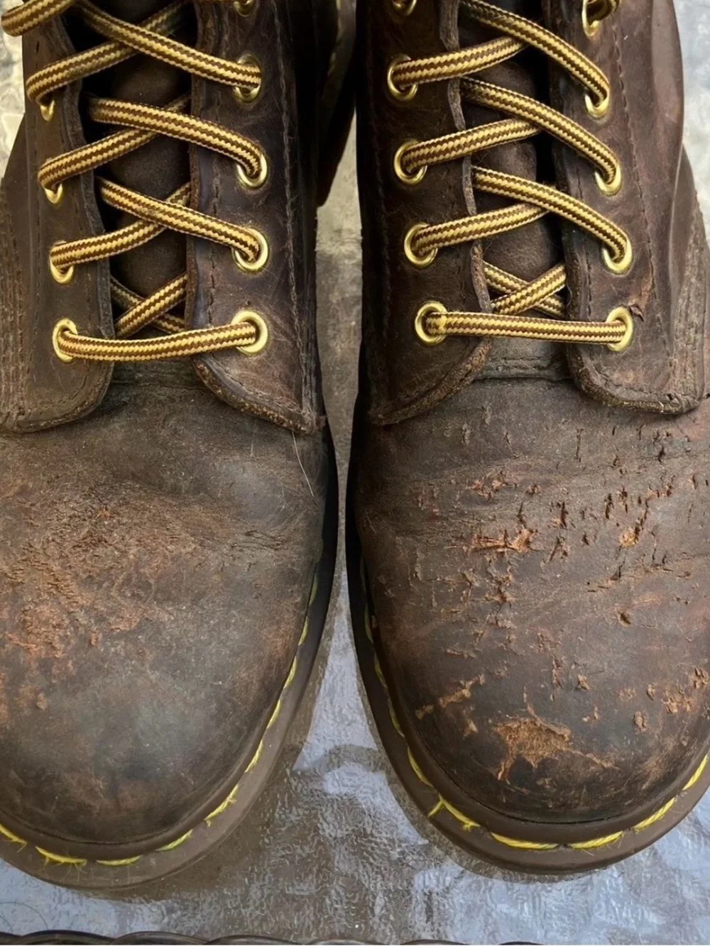 Dr. Martens 1460 Crazy Horse leather brown boots with yellow laces